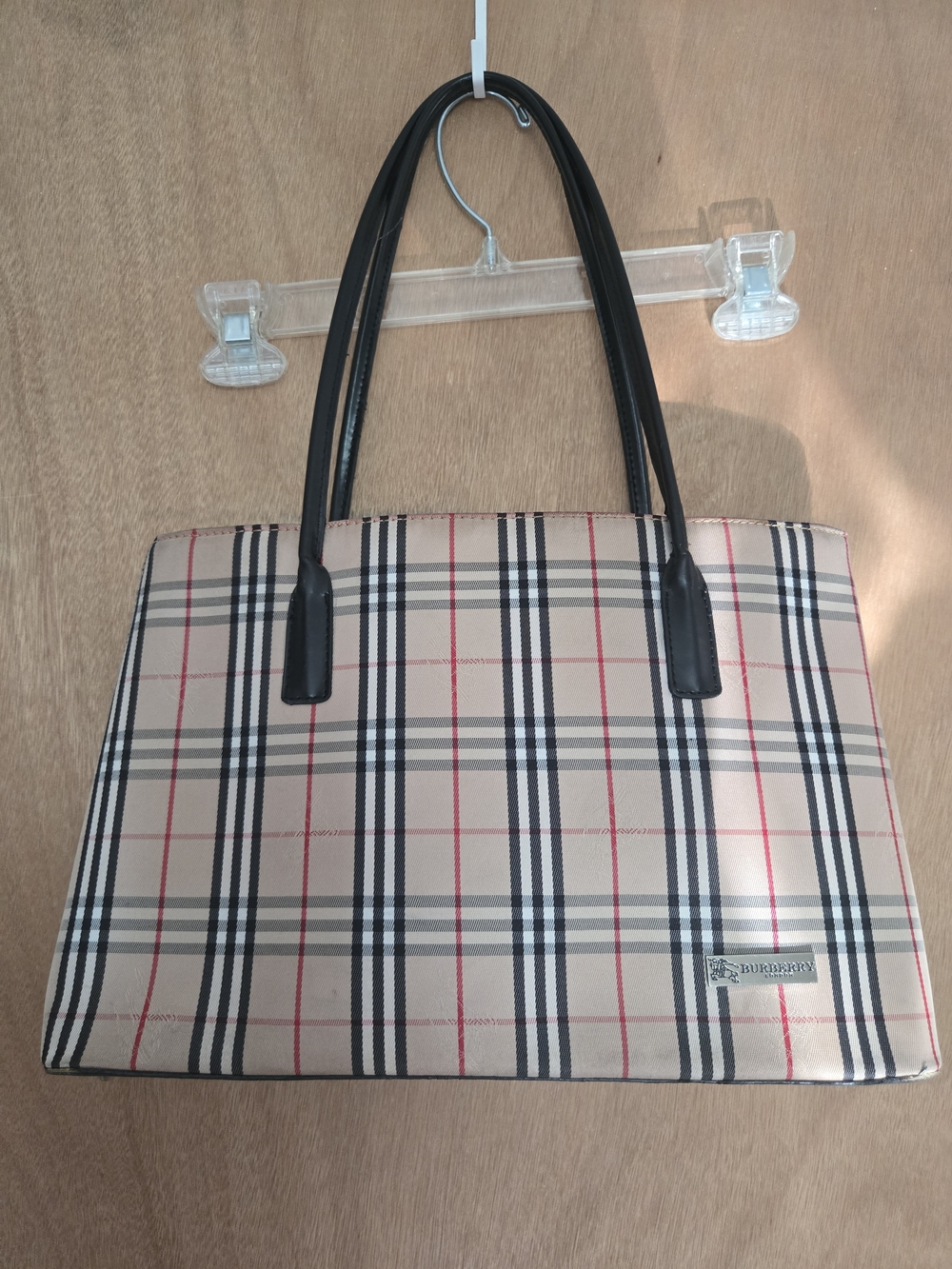 Burberry Beige Plaid Tote with Black Handles